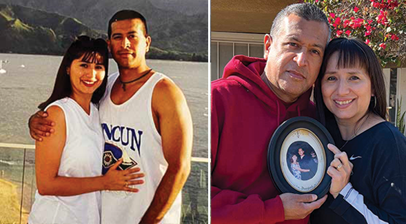 Left: Laura Angel Zavala (91, 96) and Francisco Zavala (92, 97) during a trip after grad school. Right: The couple looks back at old photos from when they met at SDSU over 30 years ago.