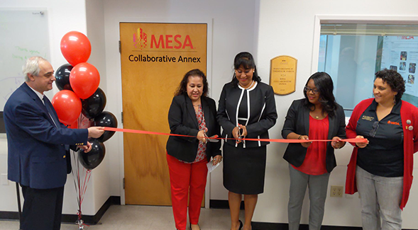 From left: College of Engineering Dean Olevsky, Theresa M. Garcia, Daisy Galeana, SDSU MESA Director Natasha Celise, CoS/MESA Staff Thelma Chavez.