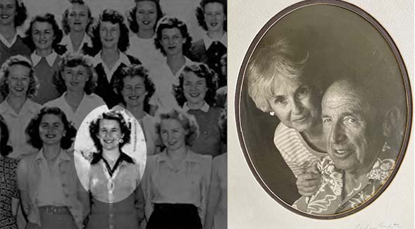 (Left) Roberta Billings posed with the Phi Sigma Nu sorority for its 1943 yearbook photo. (Right) Roberta and Donald Eidemiller in a 1995 trip to Honolulu, Hawaii.