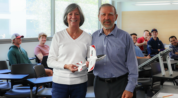 Christine Probett (left) joins Aerospace and Mechanical Engineering Professor Joseph Katz in his Senior Design class (Courtesy of Taylor Slane)