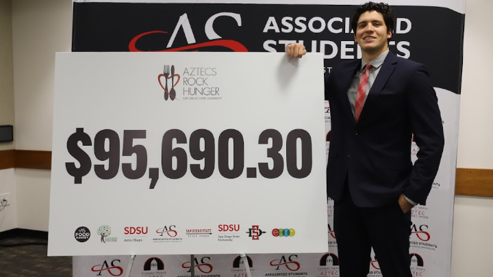 Aztecs Rock Hunger Chair and A.S. Vice President of Financial Affairs Leo Peña revealing the total amount raised for the 2023 Aztecs Rock Hunger campaign. (Isabel Adamos)