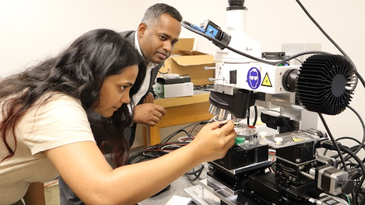 Caption: Physics professor Sanjay Behura looks on as second-year Physics master’s student Sancia Tauro investigates quantum defects in hexagonal boron nitride in the Quantum Materials Design and Growth Lab. (Bryana Quintana/SDSU)
