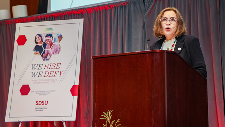 President Adela de la Torre during SDSU's Strategic Plan Celebration reported that the university has reached 75% of its strategic goals in less than four years. (SDSU)