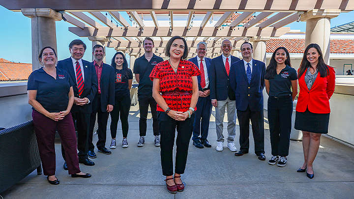 SDSU President Adela de la Torre photographed with faculty, staff, students, administrators and university supporters.