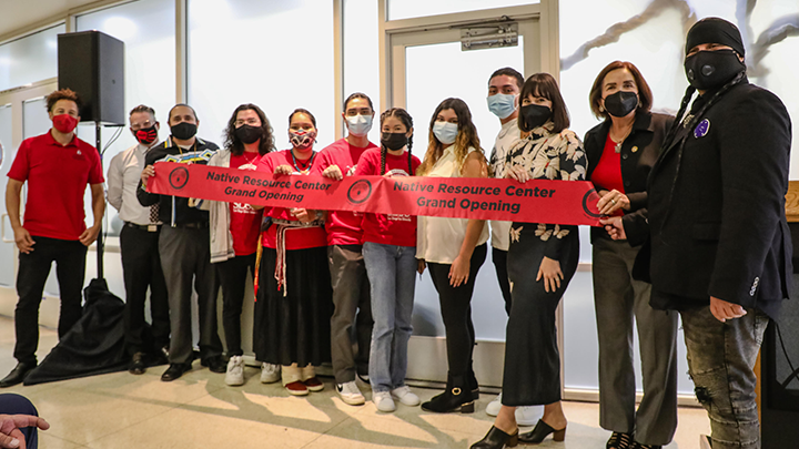 SDSU President Adela de la Torre and tribal liaison Jacob Alvarado Waipuk (far right) attended the opening of the Native Resource Center. See footnote for complete list. (Photo: Scott Hargrove)