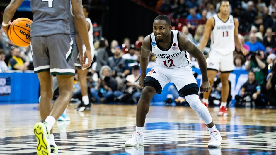 SDSU basketplayer Darrion Trammell shown on the court during Aztecs' round one game of the NCAA Tournament.