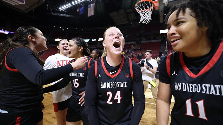 The SDSU women's basketball team celebrates on the court after a close victory against Boise St.