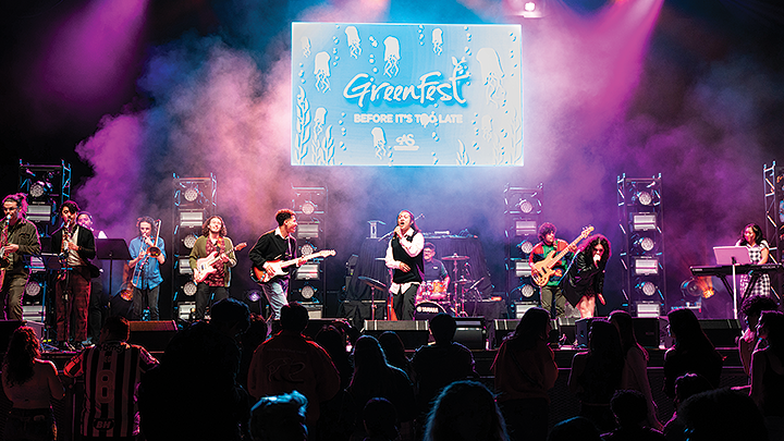 A band performs on stage at SDSU's Cal Coast Credit Union Open Air Theatre during GreenFest week.