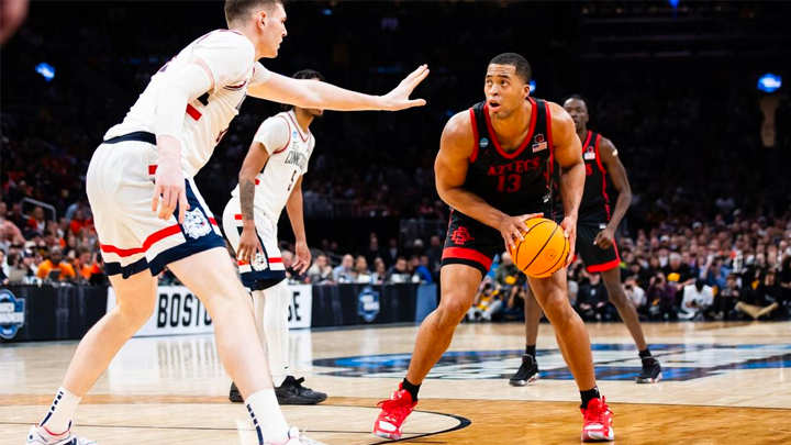 SDSU Jaedon LeDee prepares to take a shot during a game against UConn.