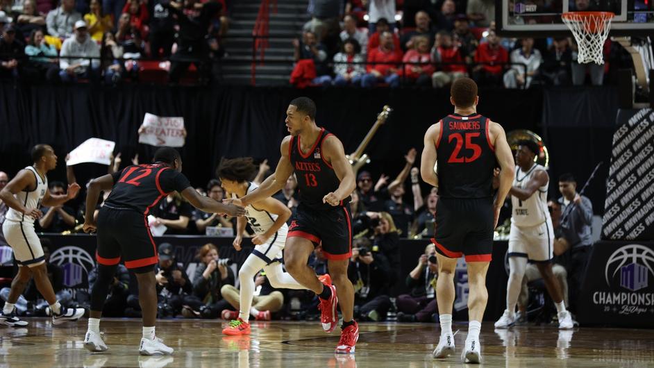 SDSU basketball player Jaedon LeDee celebrates on the court during Aztecs' match against Utah State.