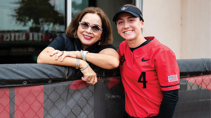 SDSU President Adela de la Torre with Aztecs softball outfielder Julie Holcomb. (SDSU)