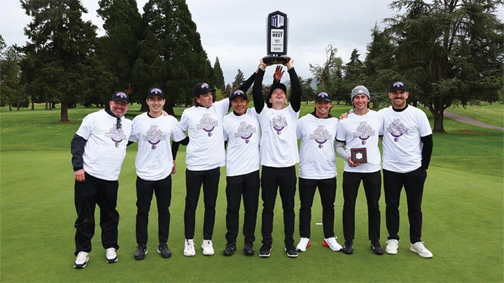 The SDSU men's golf team poses with their Mountain West Championship trophy
