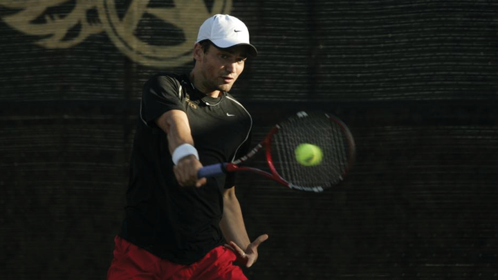 San Diego State's Markus Dickhardt hitting a tennis ball
