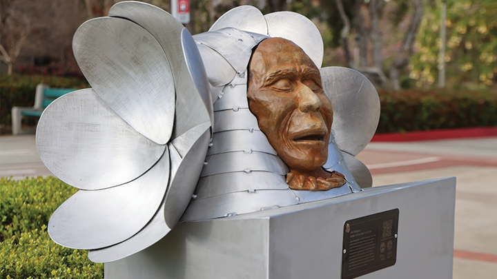 A sculpture of SDSU's Living Land Acknowledgment project, located at Hepner Hall.