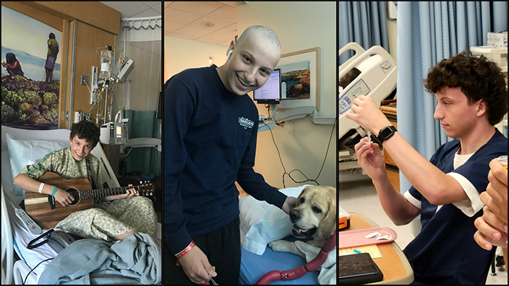 Three images showing Jonathan Eppert playing guitar, playing with his dog and in a classroom 