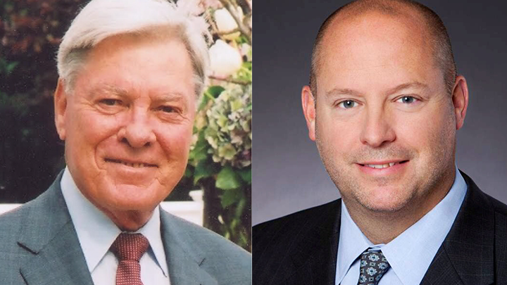 Photos of the late James Silberrad Brown (left), a San Diego business leader and former CSU trustee Adam Day.
