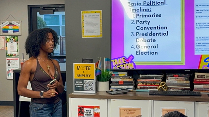 Afrikan Student Union external relations coordinator Lauren Jimerson speaks to a group