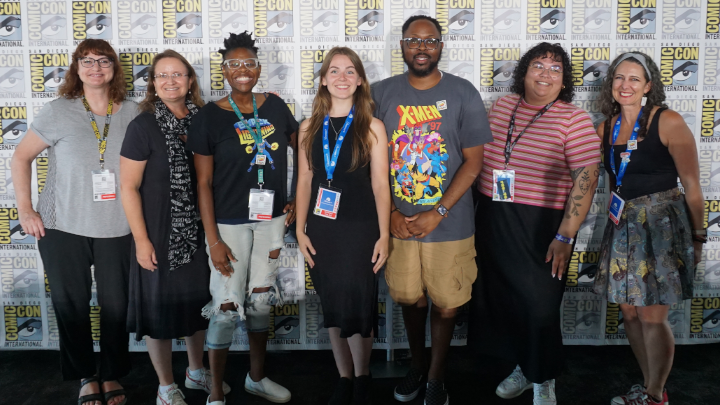Teachers participating in the NEH K-12 Summer Institute present on the panel, "Just Wrapped: NEH K-12 Institute: Using Comics to Teach Social Justice," at the downtown central library on Thursday, July 25.