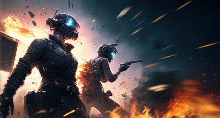A dramatic video game screen with two heroic characters in protective gear and helmets, a dynamic explosion and combat fire.