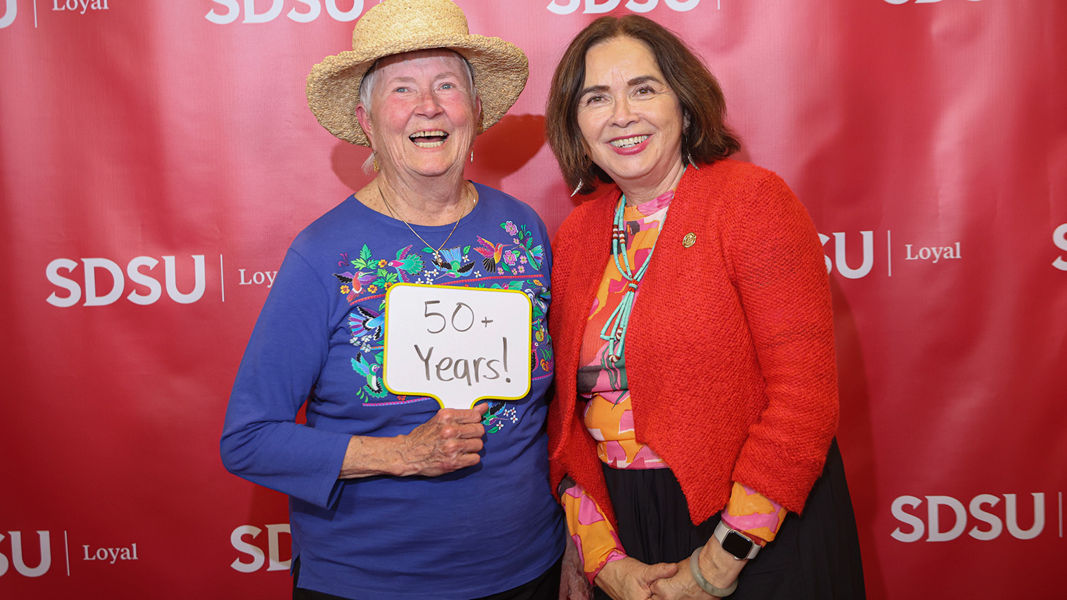 A photo of Nancy Carmichael Stewart with SDSU President Adela de la Torre. (SDSU)