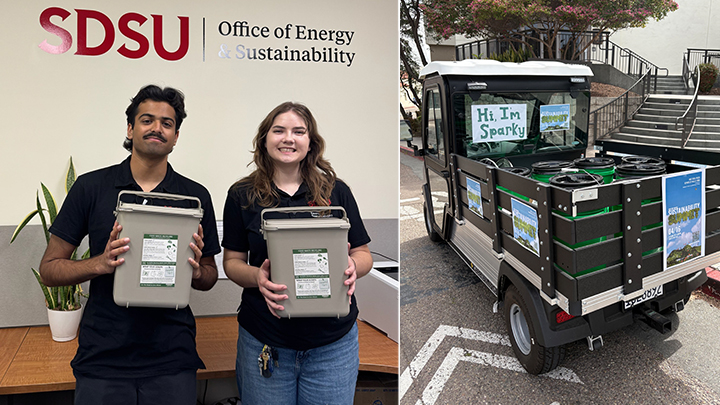 Viraj Urkudey and Olivia Devito pose with office compost program food waste caddies (left). The office composting program’s official collection vehicle, Sparky (right) (Photo courtesy of the SDSU Office of Energy and Sustainability).