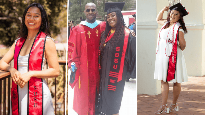 SDSU graduates Shaye Phung, Frank Harris with Shareka White, and Vianey Sevilla Crespo.