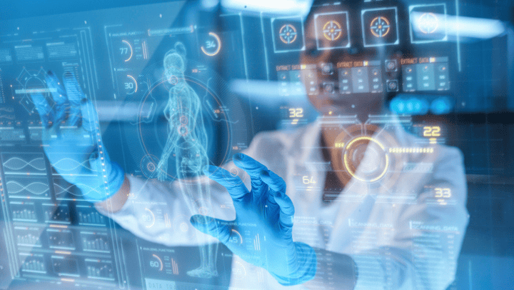 A digital illustration showing a nurse wearing a white coat and blue gloves interacting with a hologram dashboard.