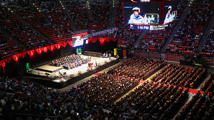 A wide bird's eye view inside of SDSU's Viejas Arena during a commencement ceremony shows several hundered graduates seated in their caps and gows looking towards the stage