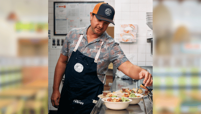 SDSU alumnus Justin Mosel (‘04) is the Executive Culinary Director of Rubio’s Restaurants Inc, developing burritos at their Bressi Ranch location. (Courtesy photo)