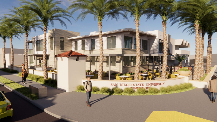 A architectural rendering of the new International AffaIrs complex, located at Montezuma Road and Campanelle Drive at the main entrance to campus. It includes the ISC, and move-in is expected in early 2027 following renovations. (SDSU)