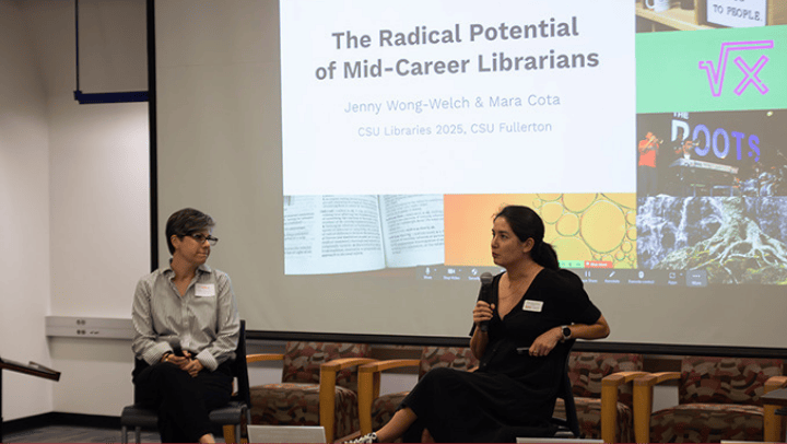 Librarians Mara Cota and Jenny Wong-Welch presenting their workshop