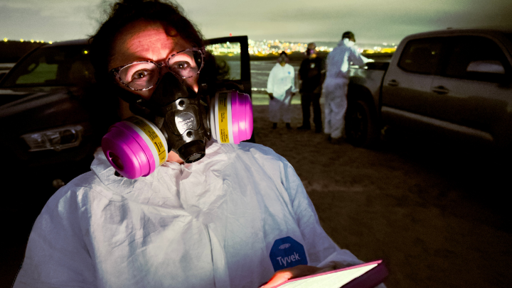 Paula Stigler Granados measures H2S gas levels at Tijuana River, September 2024. (Photo Courtesy of Paula Stigler Granados)