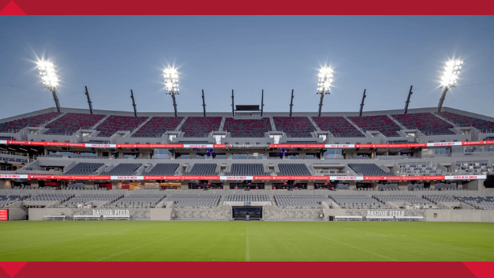 A wide show of an empty home section inside SDSU's Snapdragon Stadium