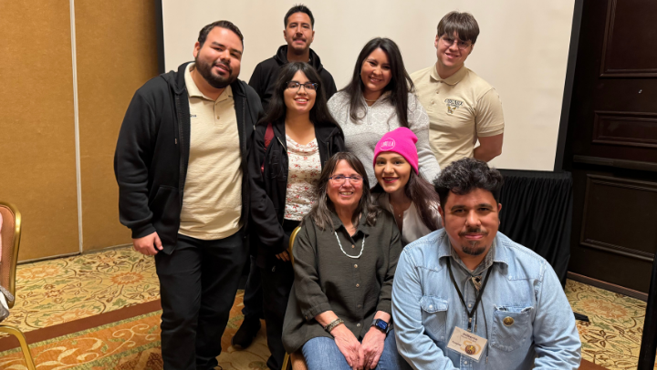 From left to right, Adrian Molina, Alexia Reyes, Adrian Guzman, Perla Soto, Roy Saenz, Lani Chavez and Gilberto Reyes with Cherry Moraga, Chicanx activist and writer (center). (Courtesy of Efren Lopez).