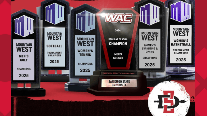 Six conference trophies on display