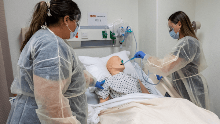 SDSU Imperial Valley students worked with a full-size patient manikin in a practice lab. (SDSU Imperial Valley)