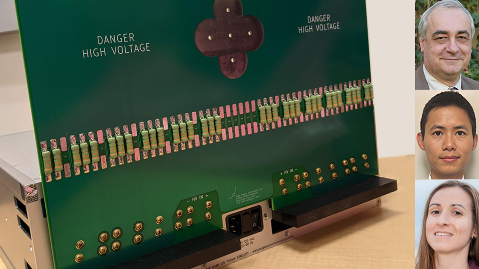 A electronic device with a green board containing various forms of circuitry and two messages reading Danger High Voltage. To the right are headshots of three scientists identified in the article as Olevsky, Xu and Torresoni.