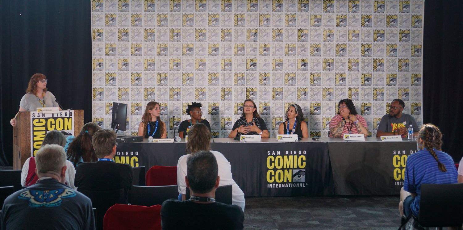 In "Just Wrapped: NEH K-12 Institute: Using Comics to Teach Social Justice," panelists from the NEH K-12 Summer Institute present their findings at the downtown central library at the 2024 Comic-Con International. (Leslie L.J. Reilly/SDSU)