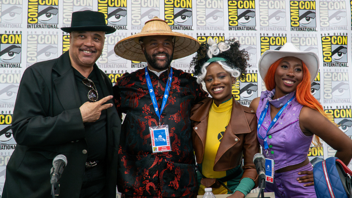 The “Afrofuturism: Black to the Future VII: Cosplay Heaven” panel at the 2024 Comic-Con brought together (l to r): Jimmy Diggs, Jr. (former “Star Trek” screenwriter), Ajani Brown, SDSU Africana studies lecturer, and cosplayers “Kueen Kerosene” and “Hanniyah X Hanniyah.”