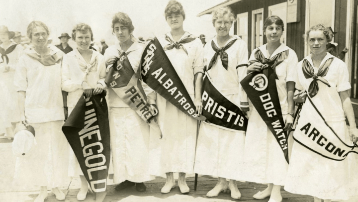 As early as 1898, women from the San Diego Normal School rowed on San Diego Bay as both a physical education and a social activity. (SDSU)