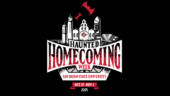 Halloween, Día de los Muertos and Aztec pride converge in a chilling design featuring campus icons and ghostly flair.