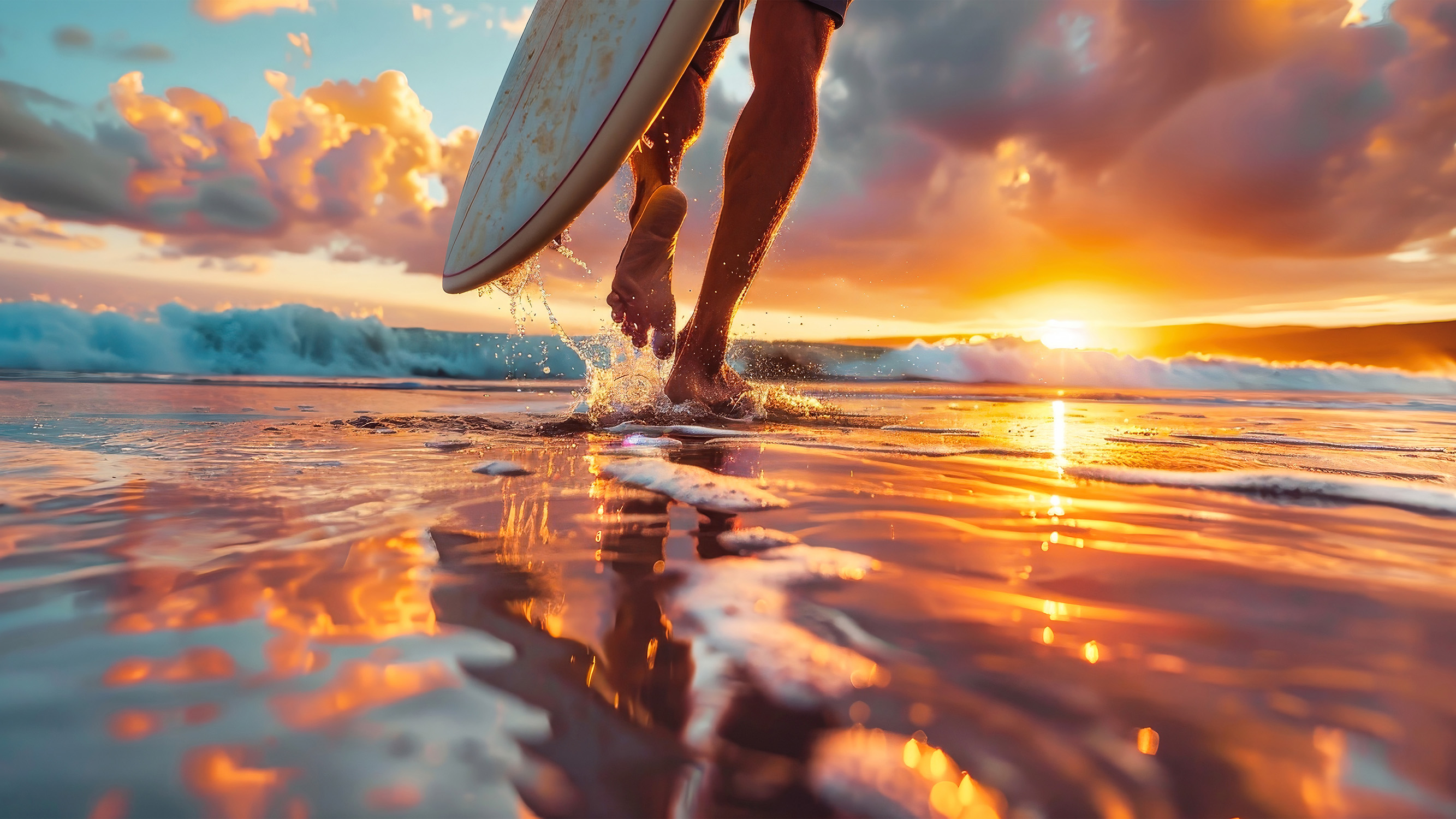 A surfer is seen from behind, from the knees down, walking into shallow water at a golden sunset.