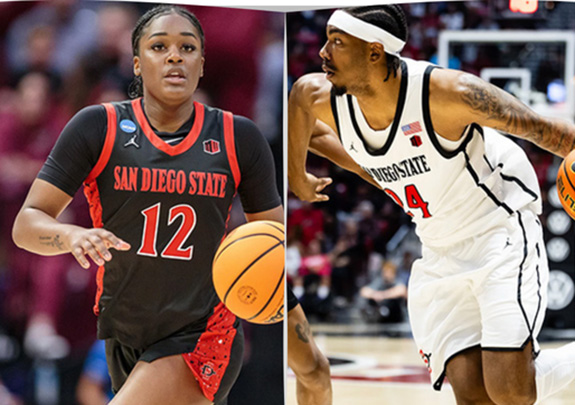 Two images of basketball players on the court, a woman in a black and red jersey and a man in white.