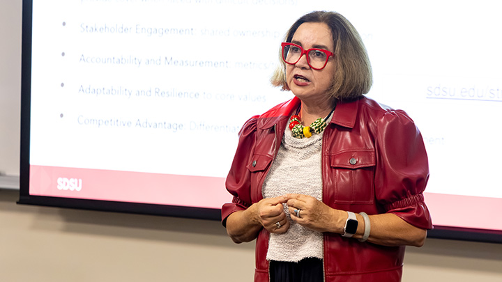 A woman with red eyeglasses, wearing a red jacket over a beige top, is standing in front of an image displayed on a wall screen with the letters SDSU in the lower corner.