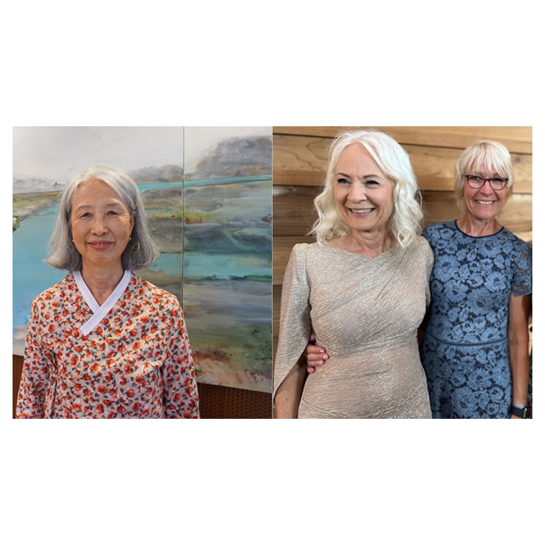 Two portraits side by side, a woman in a floral dress in front of a large watercolor artwork, and two women standing shoulder to shoulder, one with her arm around the other's waist.