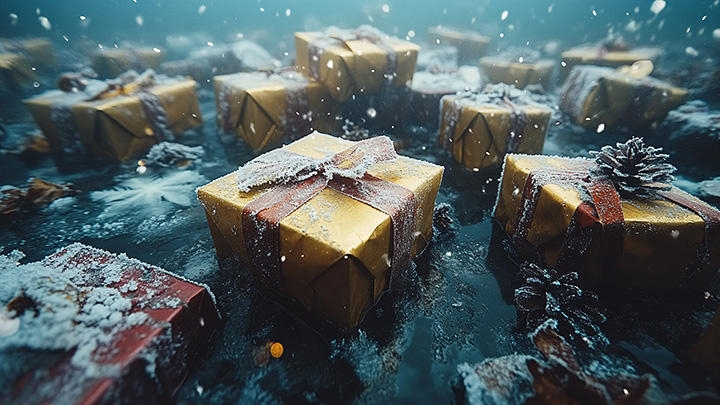 Two identical square boxes wrapped in gold paper with gold bows. They appear to be floating in water surrounded by bubbles and water droplets.