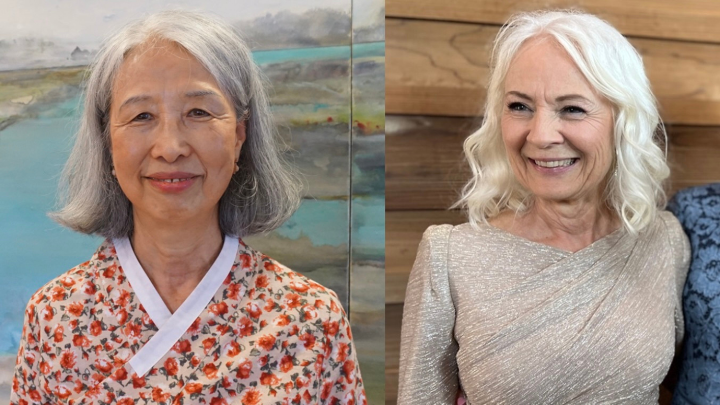 Two portraits side by side, a woman in a floral dress in front of a large watercolor artwork, and two women standing shoulder to shoulder, one with her arm around the other's waist. 