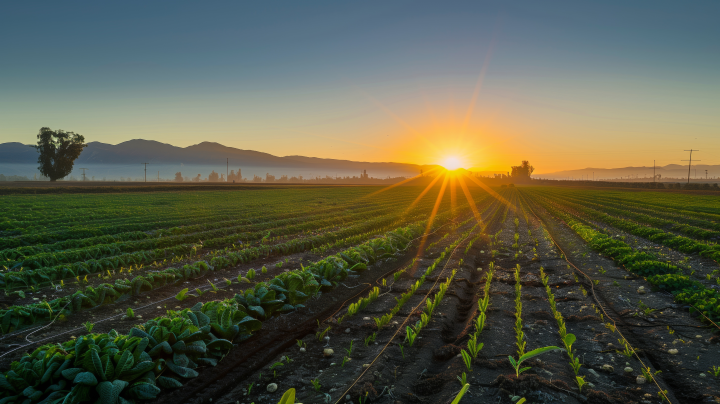 A sunrise or sunset over an agricultural field of a leafy green vegetable.