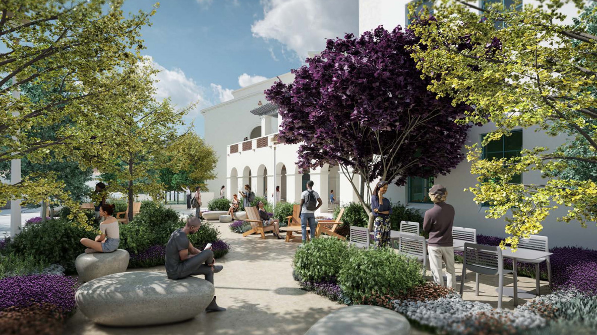 An artist's rendition of the plaza outside a building with multiple trees, stone-shaped seating and a table and chairs.